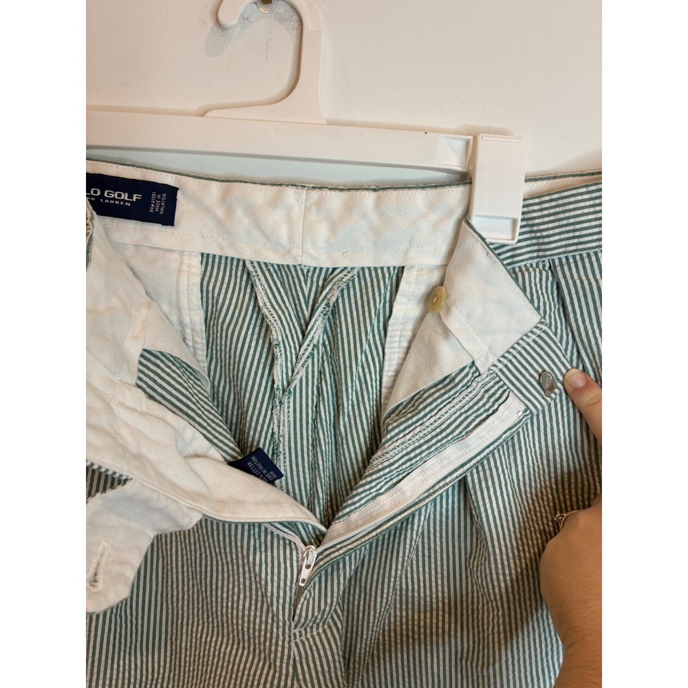 Polo Golf Ralph Lauren Green Seersucker Pleated Men's Shorts 33x7 Vintage Preppy